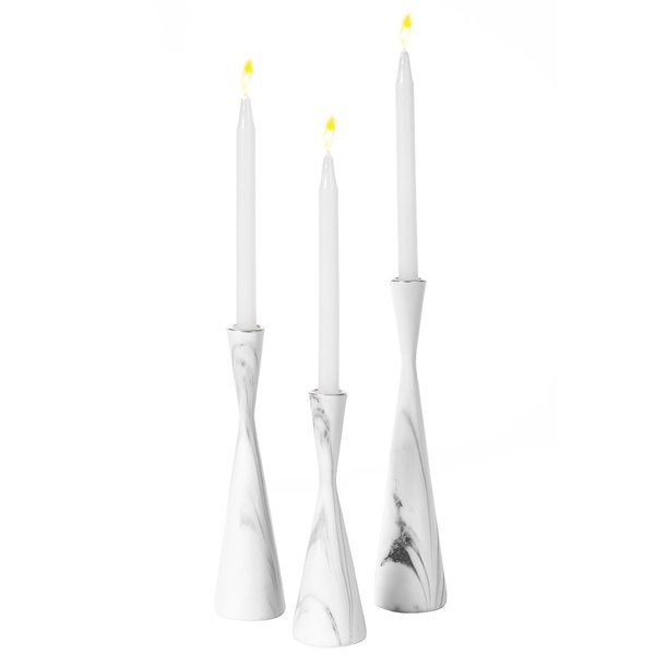 Marble Resin Candle Holders, Set of 3 Exquisite Decorative Taper Candlesticks, Elegant Accent, White, Fabulaxe, Mfr#: QI004063.WT.3